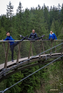 Don't try this at home! From left, dancers Sam Pu and Xinghao Cha, as well as sound engineer Nemanja Rebic creatively cross an attraction that is not for the faint of heart&mdash;Cliff Walk.